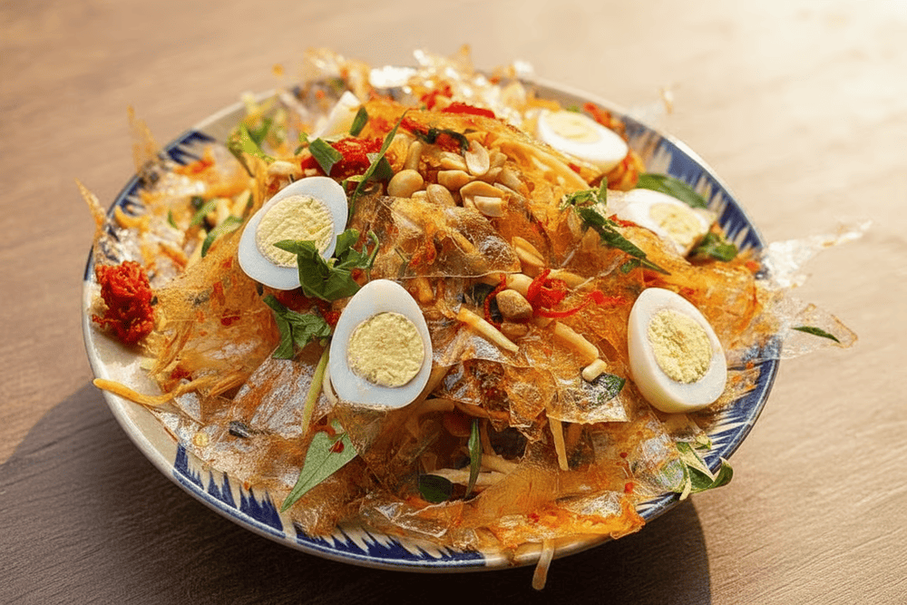 Banh trang tron has a mild spicy taste, fragrant with green onions and rich in the sweetness of dried shrimp, an irresistible taste